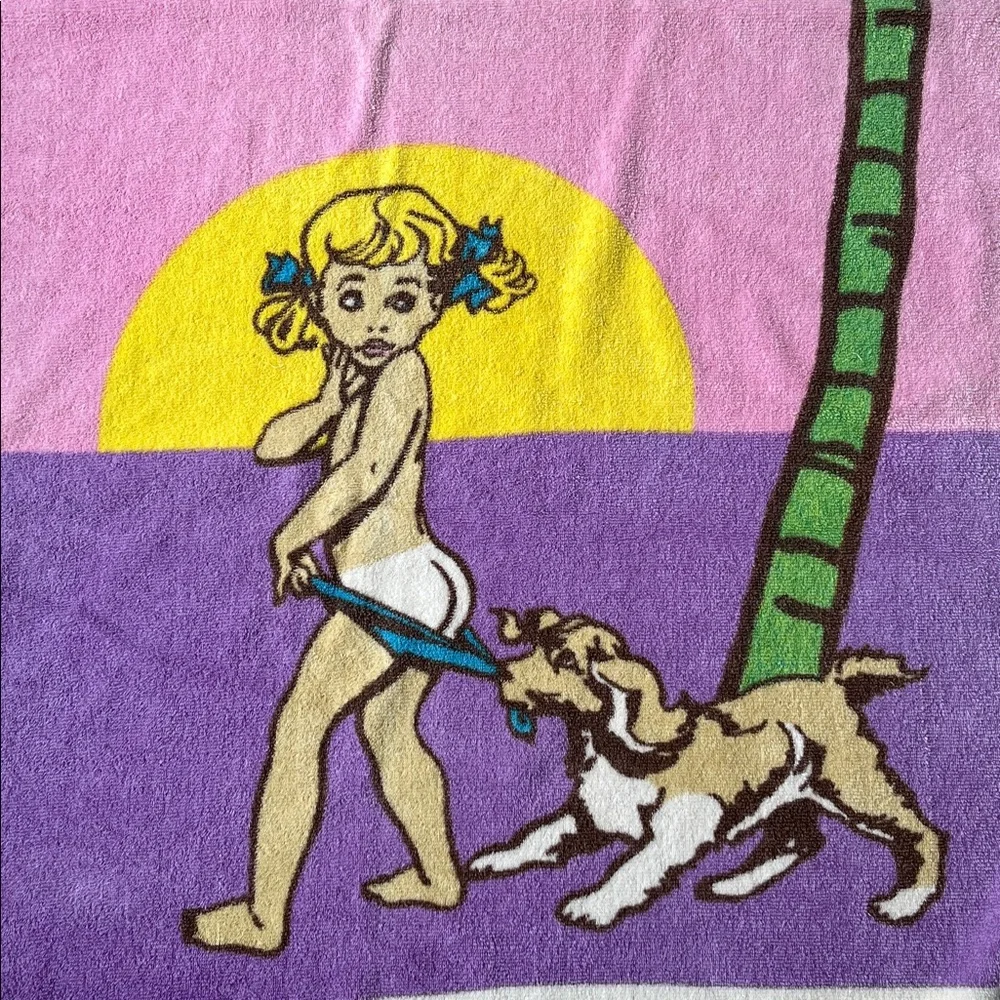 Vintage Coppertone Beach Towel Girl Dog Palm‎ Tree 36X62 Sunscreen Iconic USA
